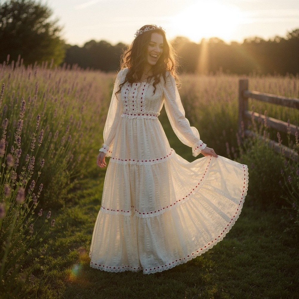 Vintage 70s Wedding Dress Long Sleeve Maxi Cottage Prairie Eyelet Lace